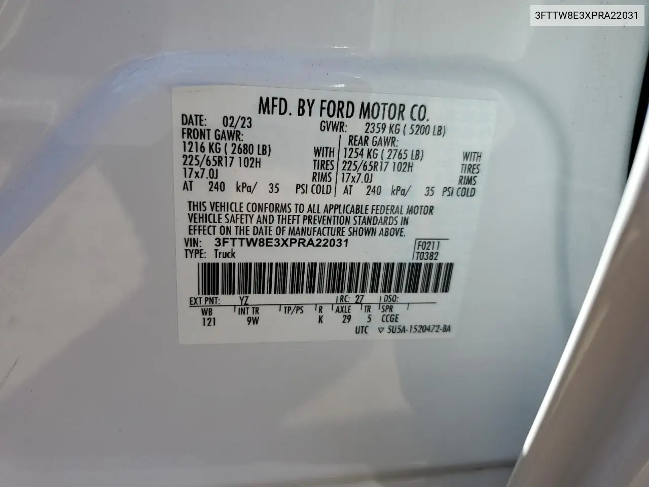 2023 Ford Maverick Xl VIN: 3FTTW8E3XPRA22031 Lot: 62387345