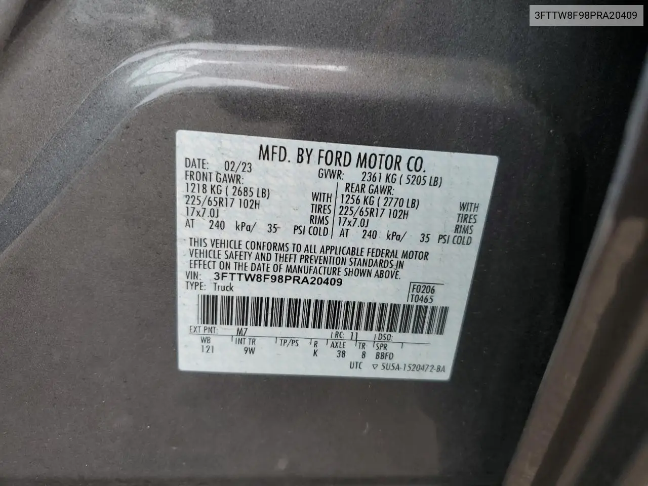 2023 Ford Maverick Xl VIN: 3FTTW8F98PRA20409 Lot: 65240455