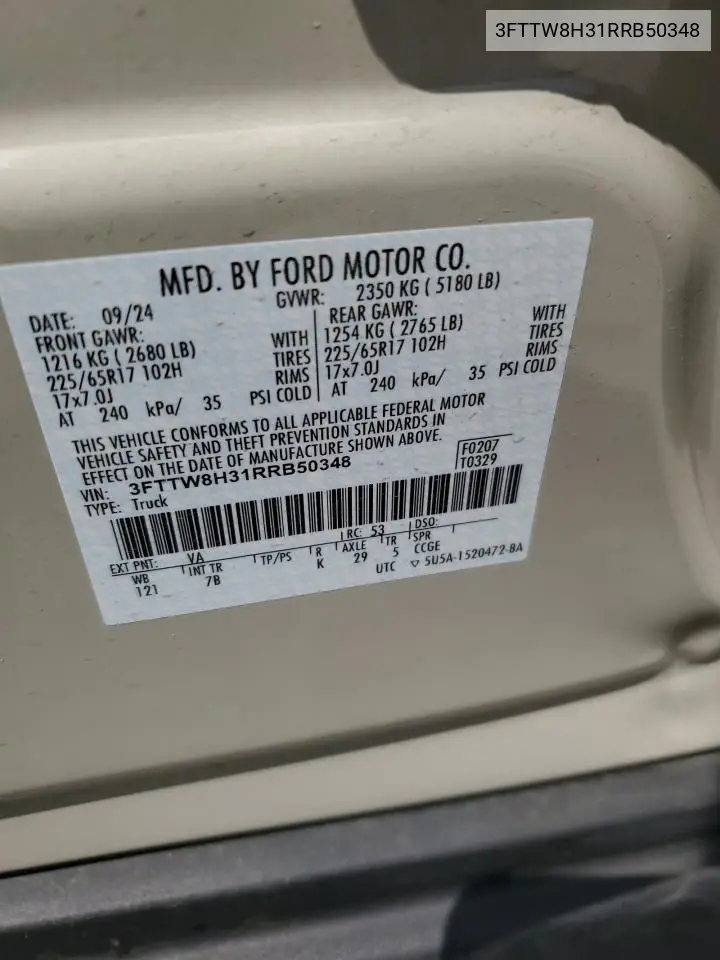 2024 Ford Maverick Xlt VIN: 3FTTW8H31RRB50348 Lot: 55737905