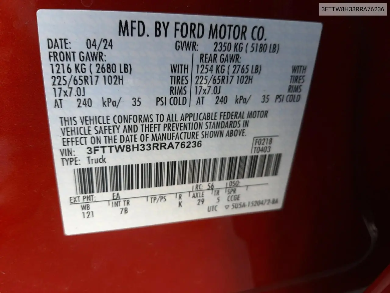 2024 Ford Maverick Xlt VIN: 3FTTW8H33RRA76236 Lot: 55961965