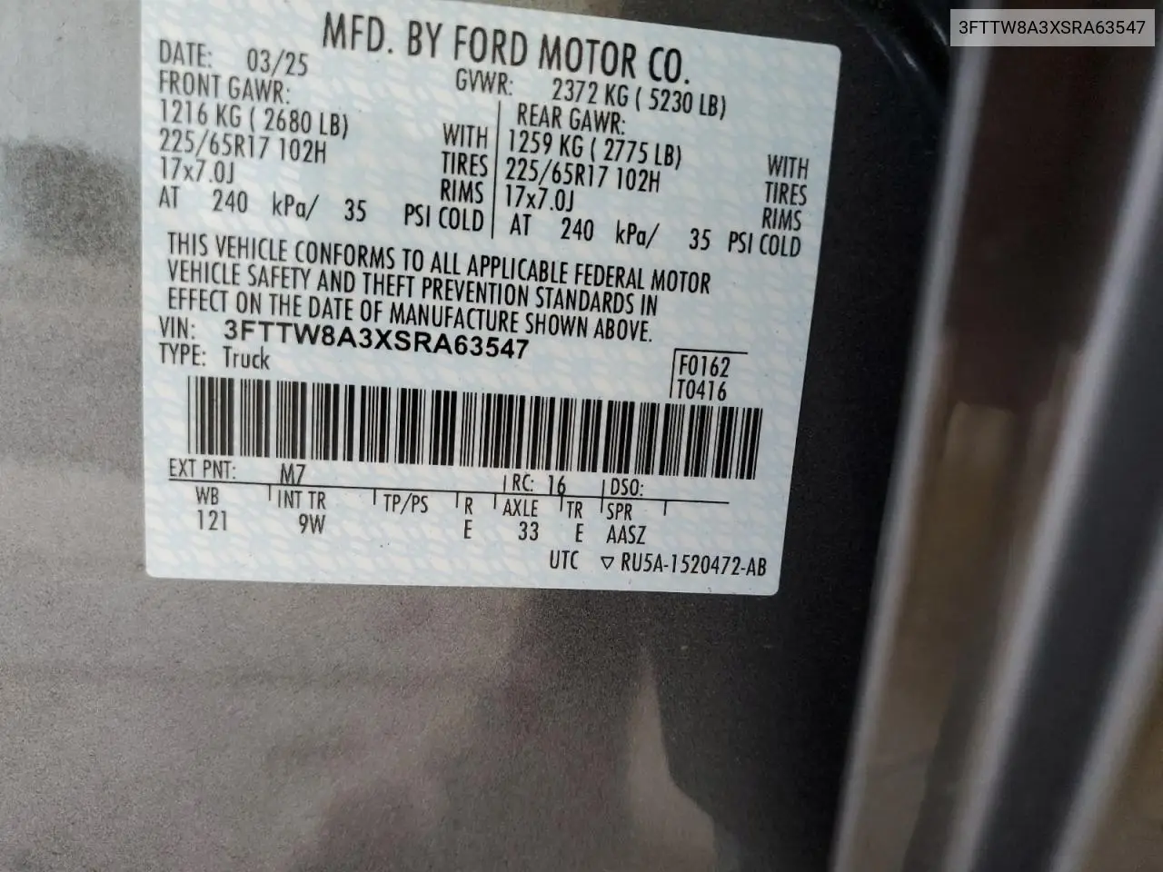 2025 Ford Maverick Xl VIN: 3FTTW8A3XSRA63547 Lot: 62854305