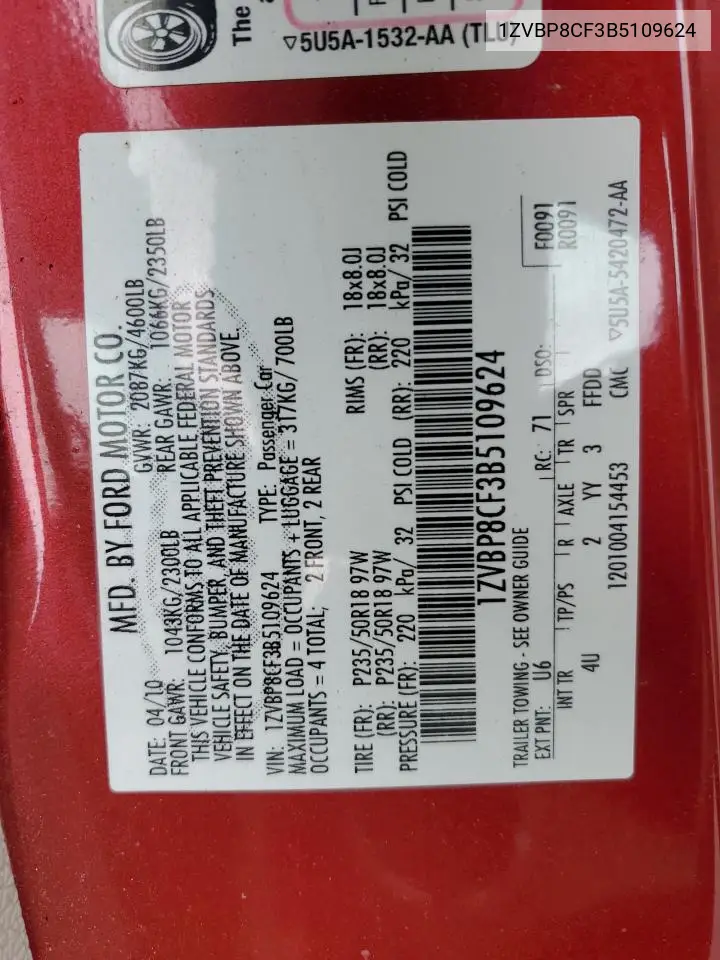 2011 Ford Mustang Gt VIN: 1ZVBP8CF3B5109624 Lot: 56371245