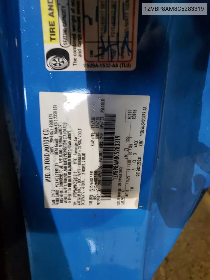 2012 Ford Mustang VIN: 1ZVBP8AM8C5283319 Lot: 56358775