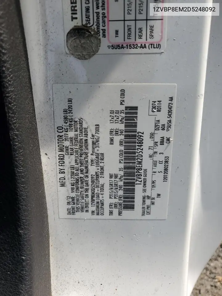 2013 Ford Mustang VIN: 1ZVBP8EM2D5248092 Lot: 62529765