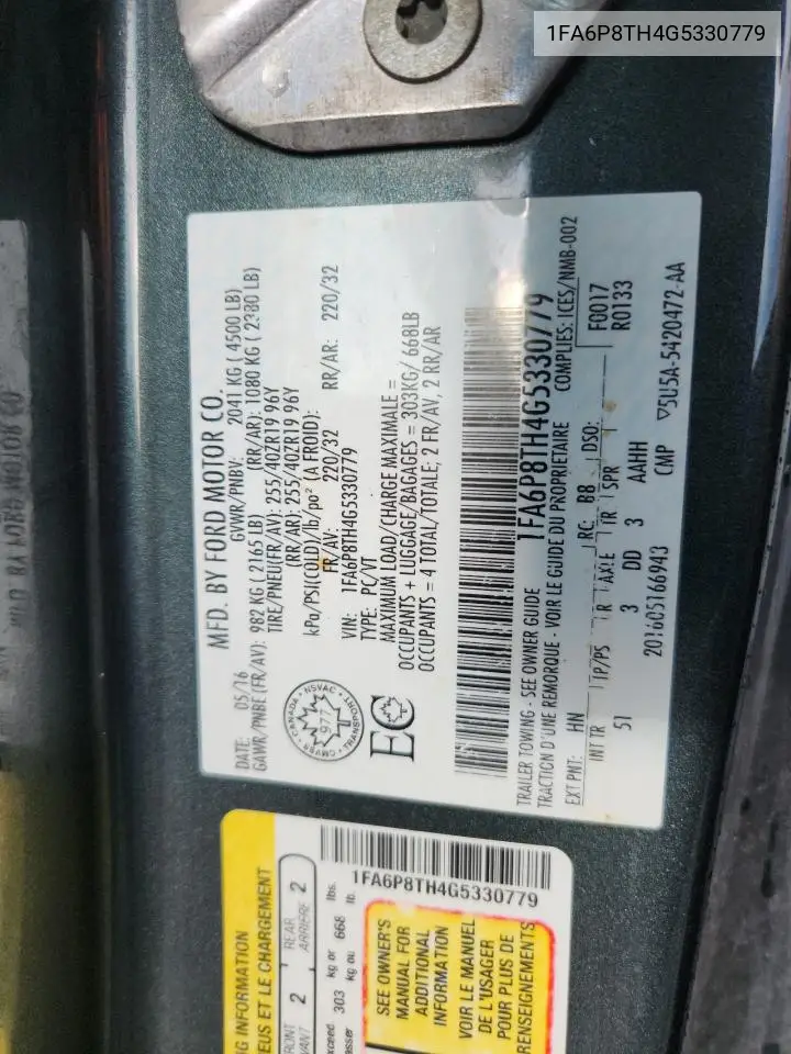 2016 Ford Mustang VIN: 1FA6P8TH4G5330779 Lot: 64560195