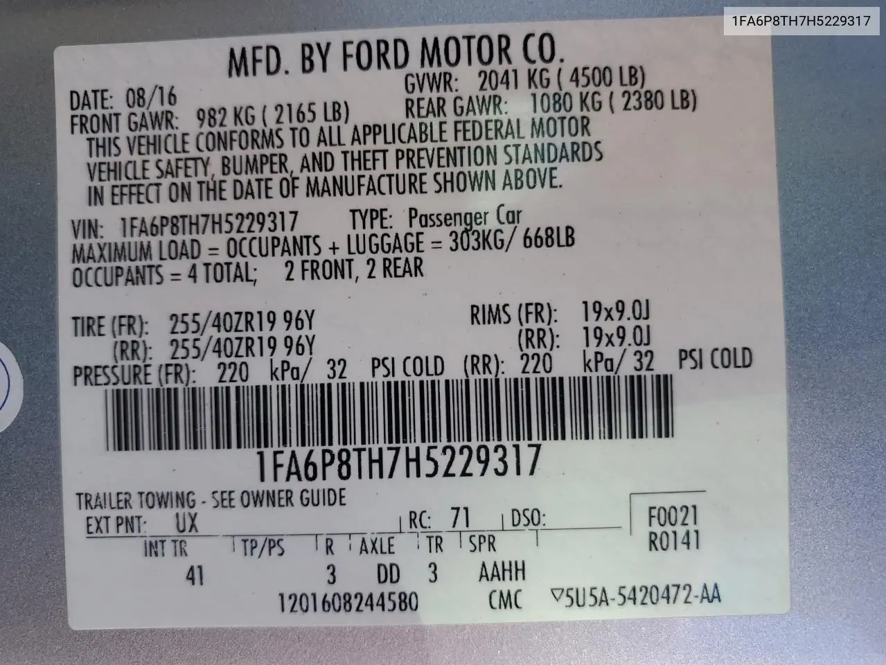 2017 Ford Mustang VIN: 1FA6P8TH7H5229317 Lot: 62856705