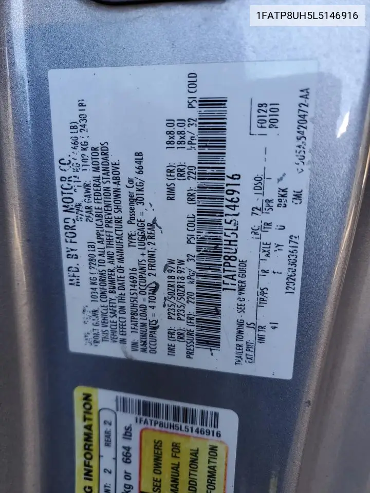 2020 Ford Mustang VIN: 1FATP8UH5L5146916 Lot: 52550215