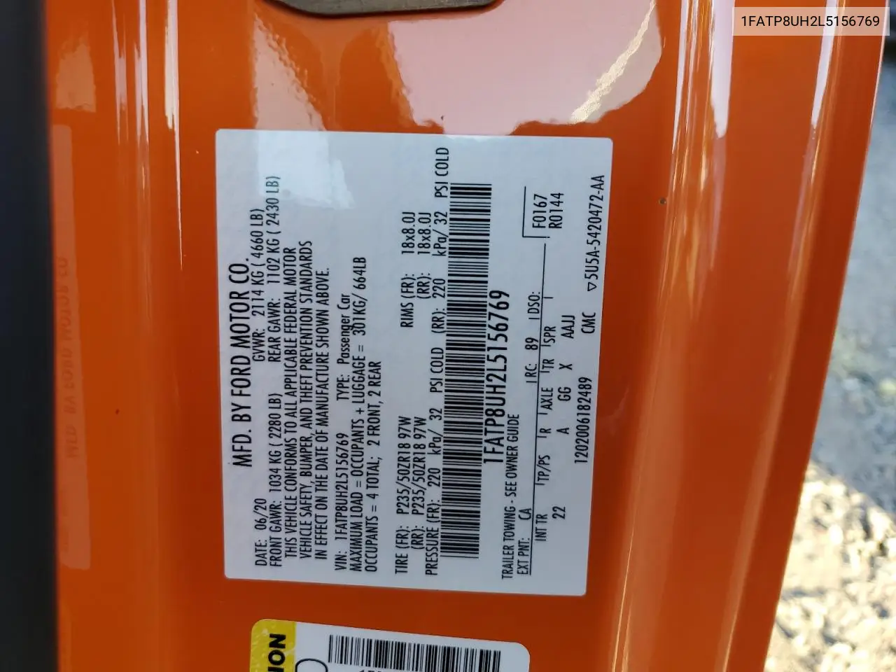 2020 Ford Mustang VIN: 1FATP8UH2L5156769 Lot: 65024925