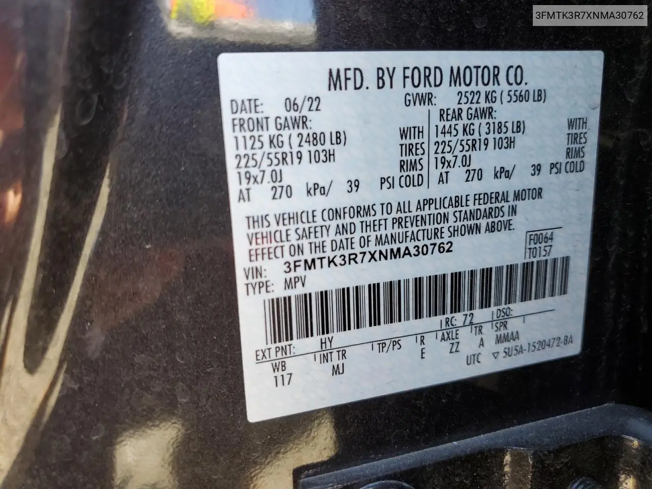 2022 Ford Mustang Mach-E Premium VIN: 3FMTK3R7XNMA30762 Lot: 55403755