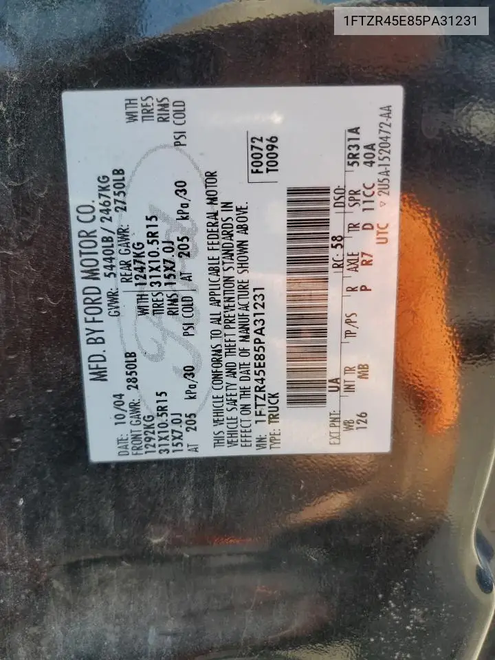 2005 Ford Ranger Super Cab VIN: 1FTZR45E85PA31231 Lot: 64220745