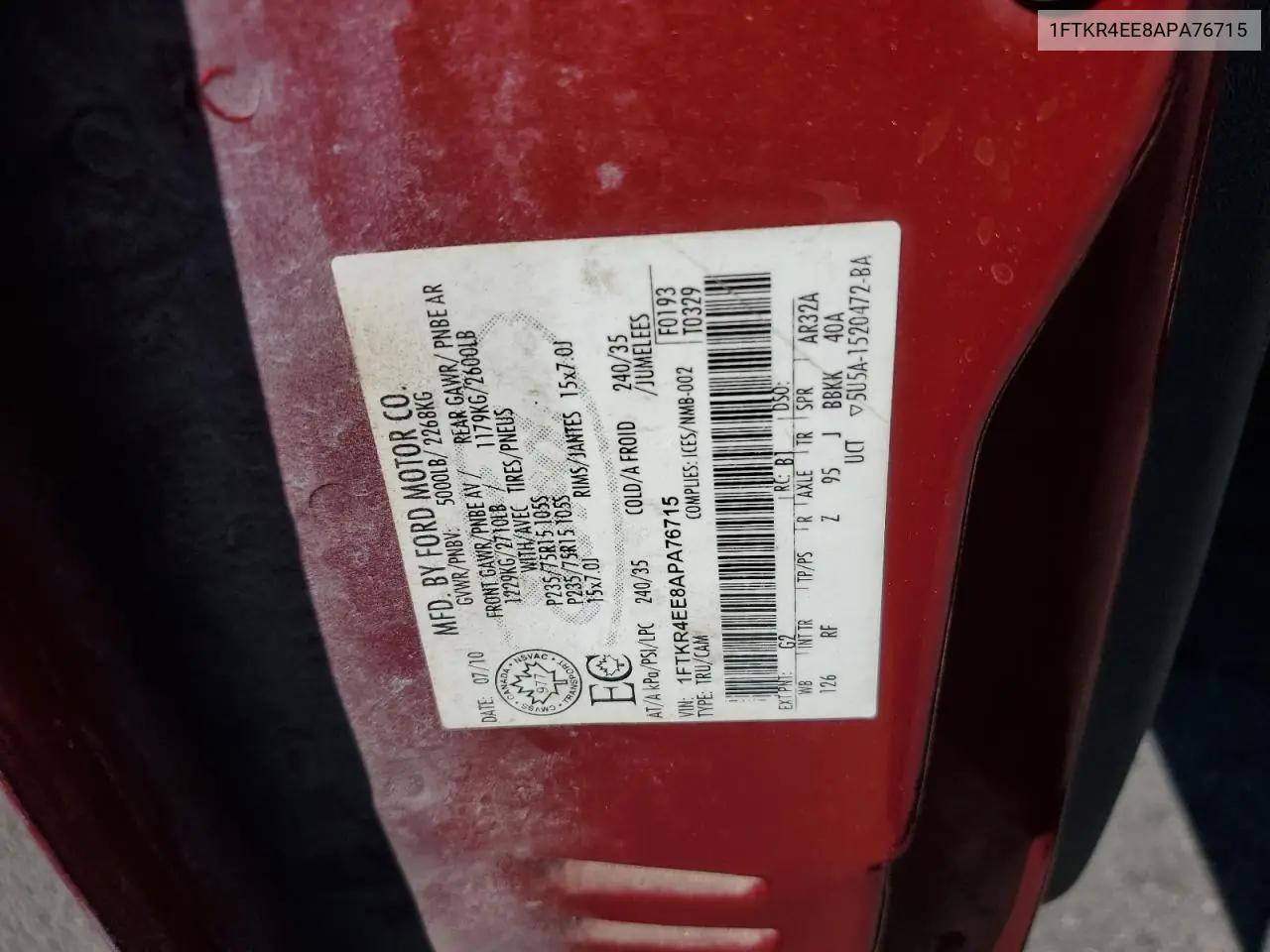 2010 Ford Ranger Super Cab VIN: 1FTKR4EE8APA76715 Lot: 56258315