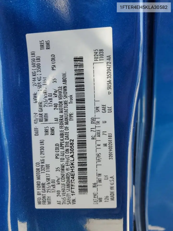 2019 Ford Ranger Xl VIN: 1FTER4EH5KLA30582 Lot: 53202085