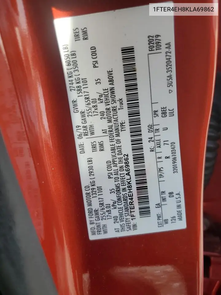 2019 Ford Ranger Xl VIN: 1FTER4EH8KLA69862 Lot: 56747625