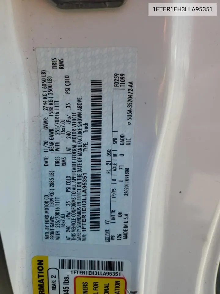 2020 Ford Ranger Xl VIN: 1FTER1EH3LLA95351 Lot: 56235045