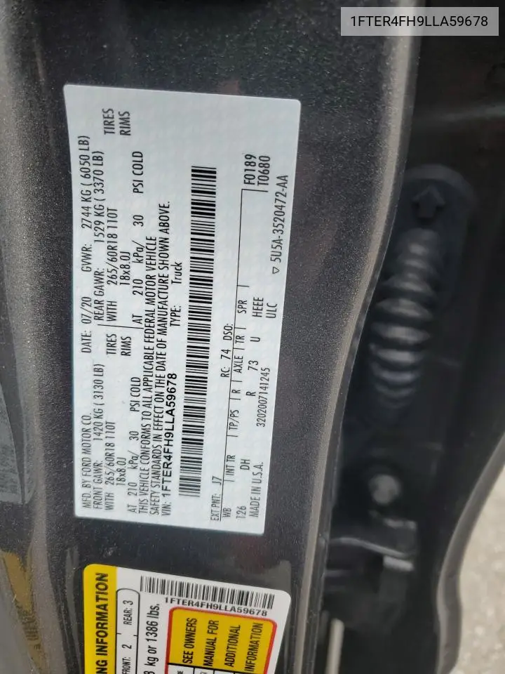 2020 Ford Ranger Xl VIN: 1FTER4FH9LLA59678 Lot: 56241345