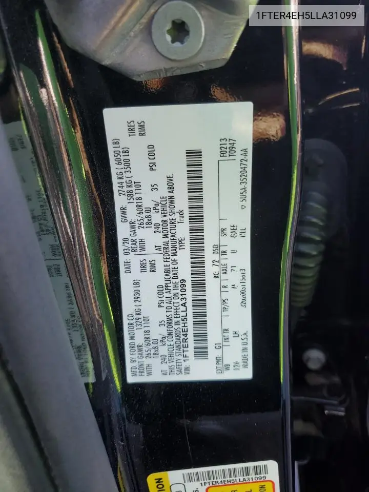 2020 Ford Ranger Xl VIN: 1FTER4EH5LLA31099 Lot: 61852675