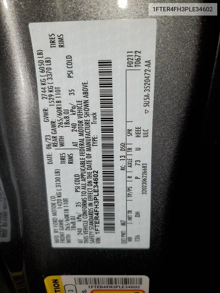 2023 Ford Ranger Xl VIN: 1FTER4FH3PLE34602 Lot: 56864085