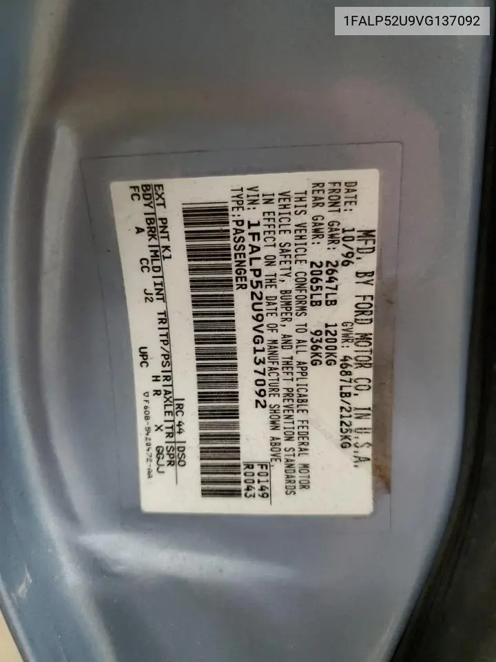 1997 Ford Taurus Gl VIN: 1FALP52U9VG137092 Lot: 53430495