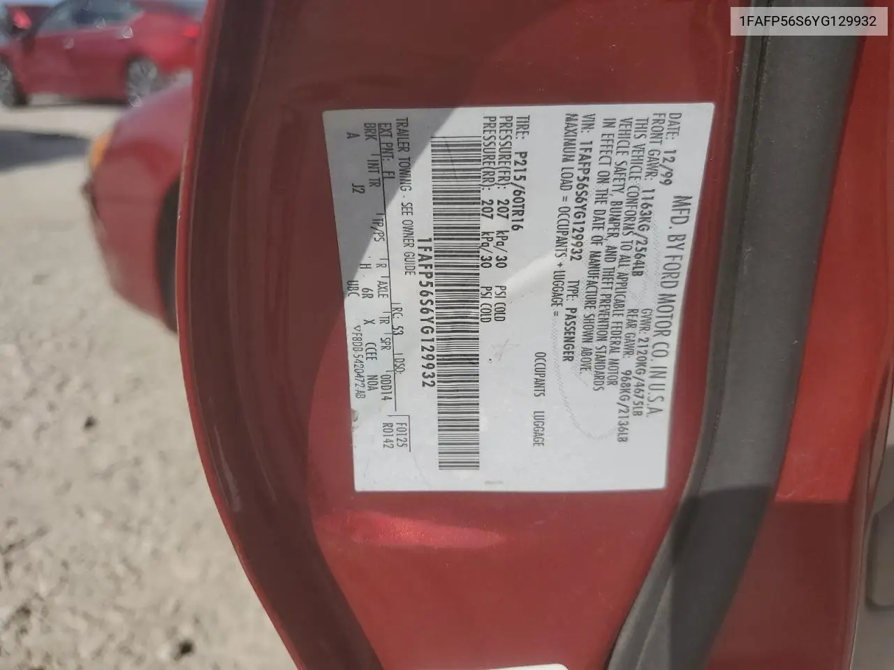 2000 Ford Taurus Sel VIN: 1FAFP56S6YG129932 Lot: 63267815