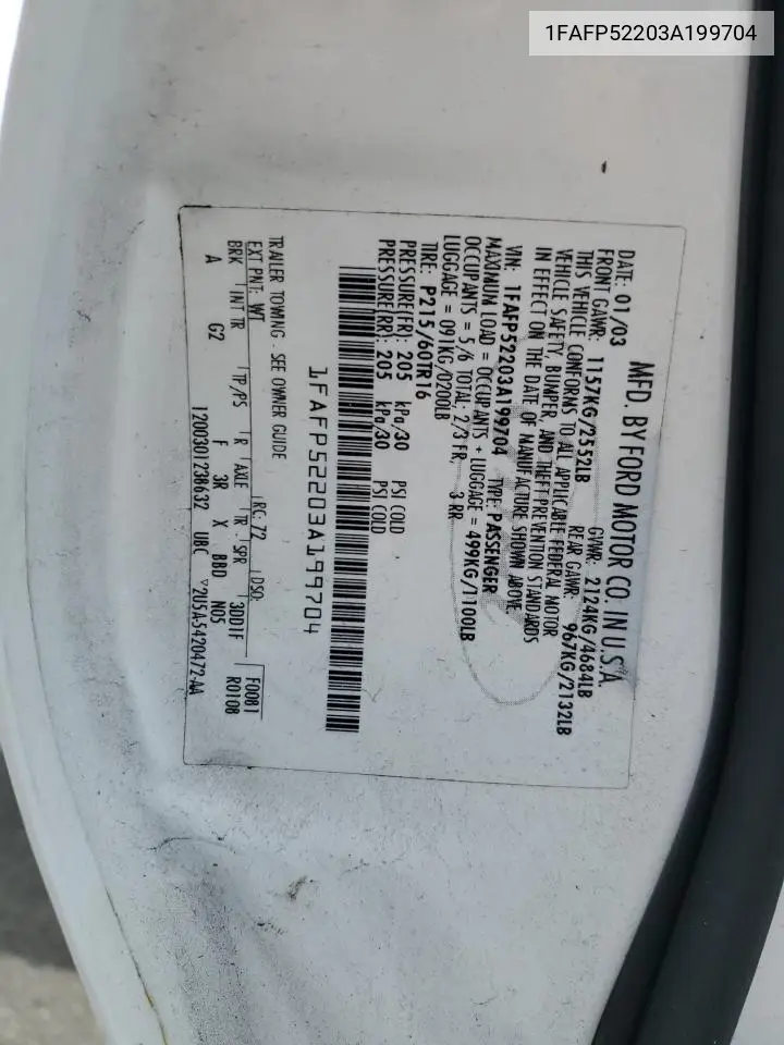 2003 Ford Taurus Lx VIN: 1FAFP52203A199704 Lot: 62687385