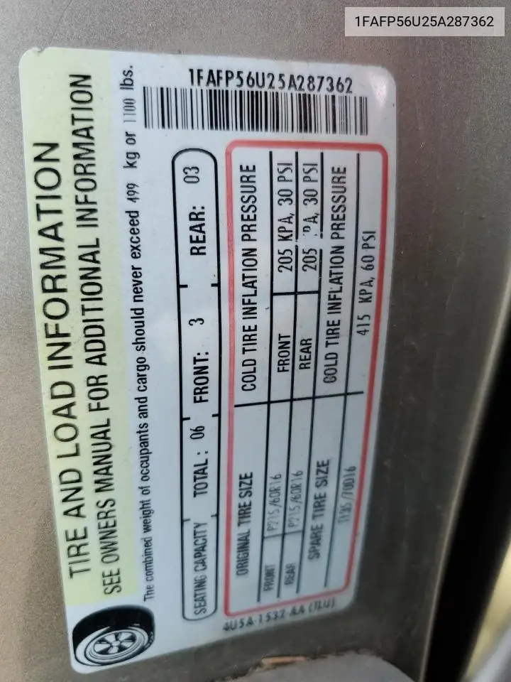 2005 Ford Taurus Sel VIN: 1FAFP56U25A287362 Lot: 62753335
