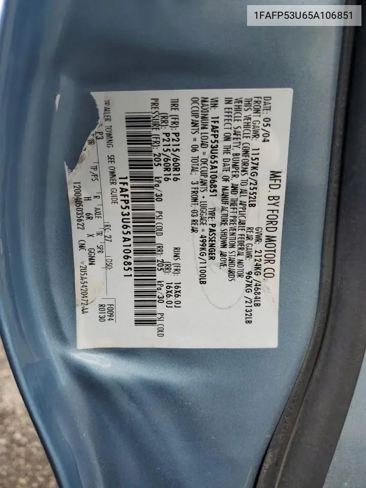 2005 Ford Taurus Se VIN: 1FAFP53U65A106851 Lot: 64367405