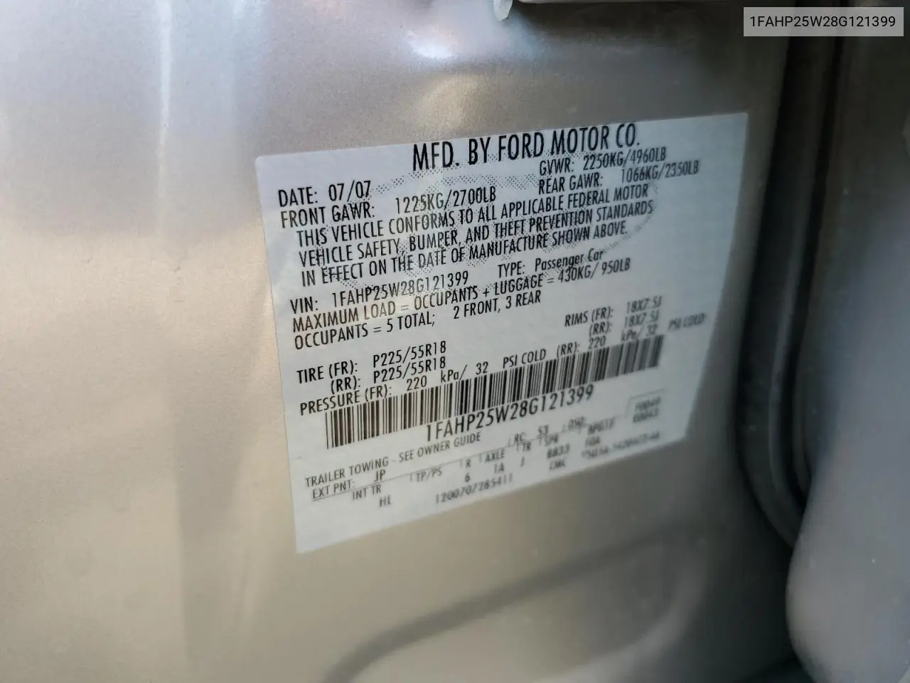 2008 Ford Taurus Limited VIN: 1FAHP25W28G121399 Lot: 53469565