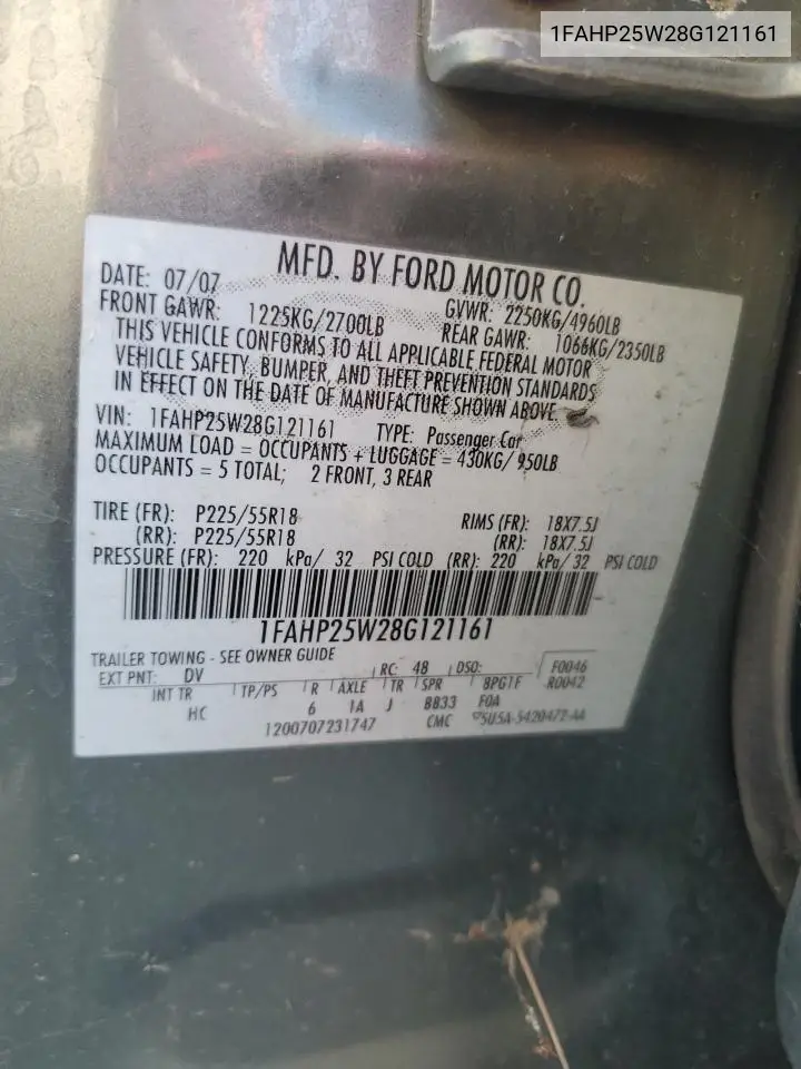 2008 Ford Taurus Limited VIN: 1FAHP25W28G121161 Lot: 55628535