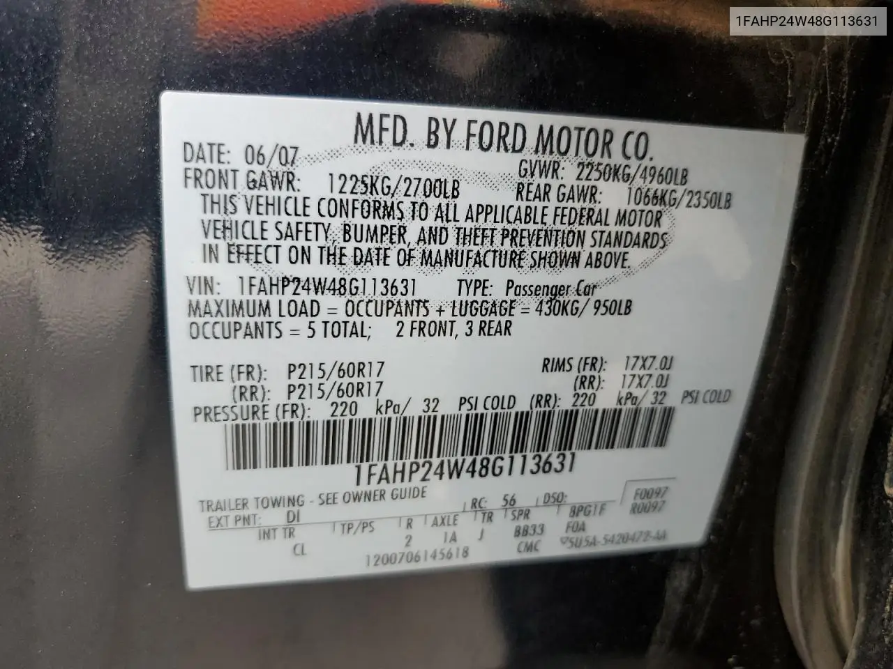 2008 Ford Taurus Sel VIN: 1FAHP24W48G113631 Lot: 55686695