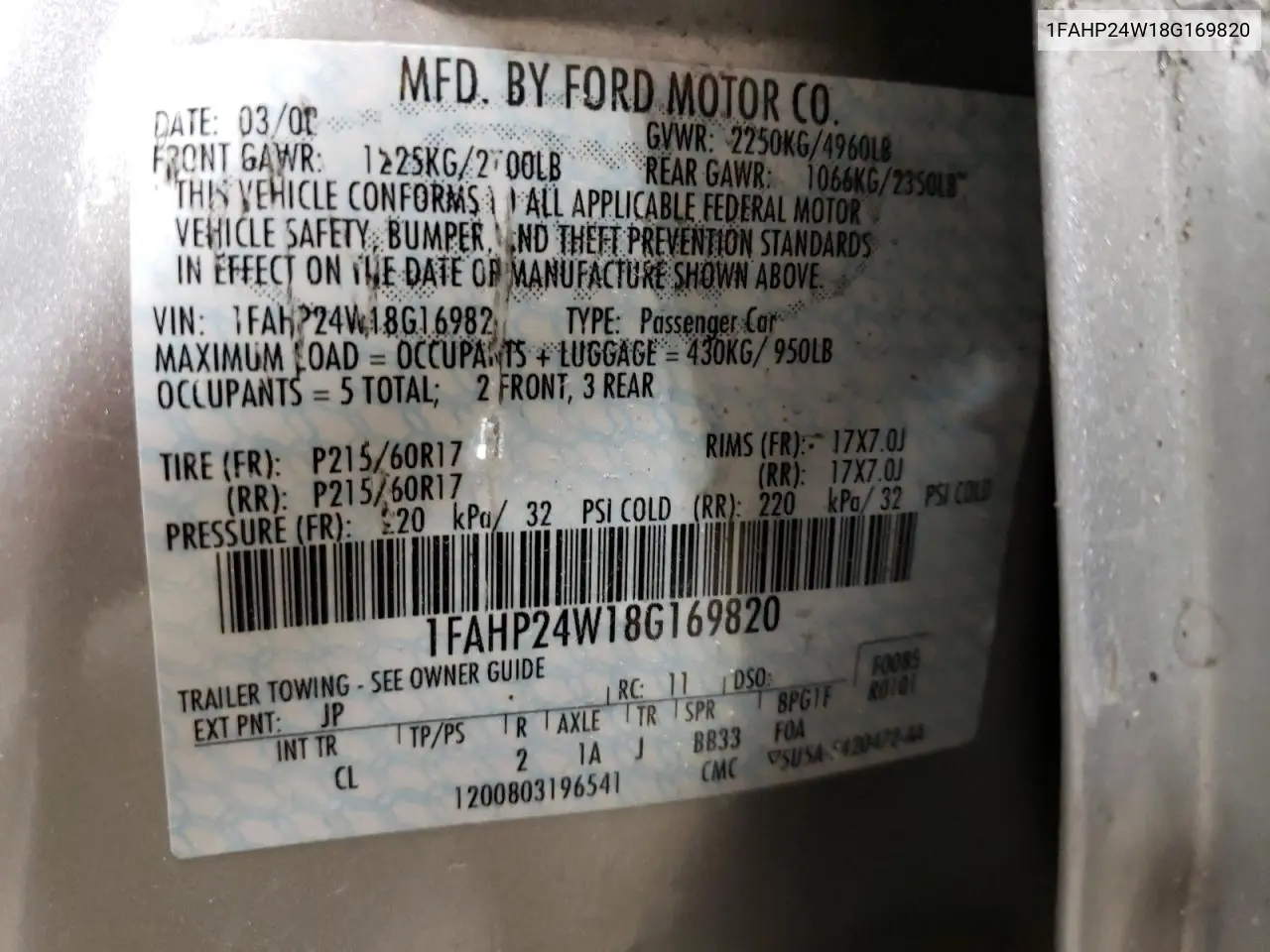 2008 Ford Taurus Sel VIN: 1FAHP24W18G169820 Lot: 59173415
