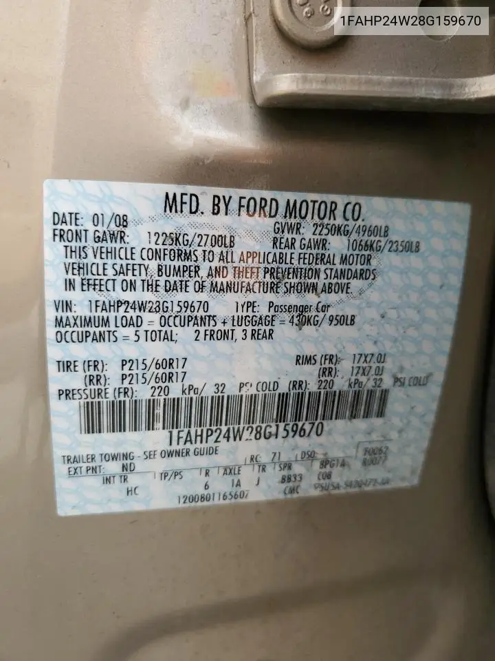 2008 Ford Taurus Sel VIN: 1FAHP24W28G159670 Lot: 60278965