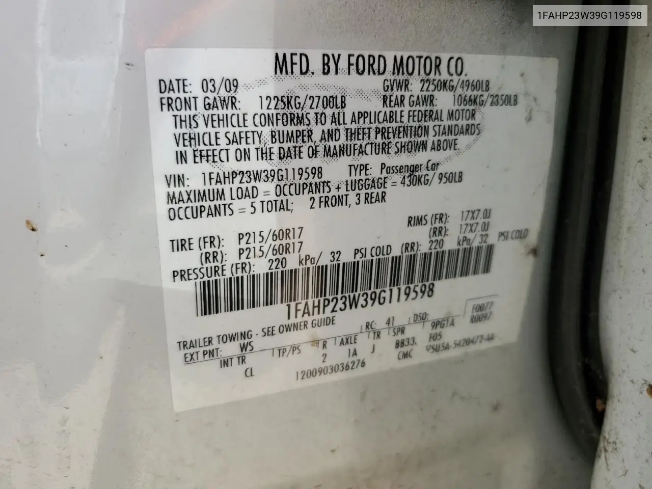 2009 Ford Taurus Se VIN: 1FAHP23W39G119598 Lot: 62777005