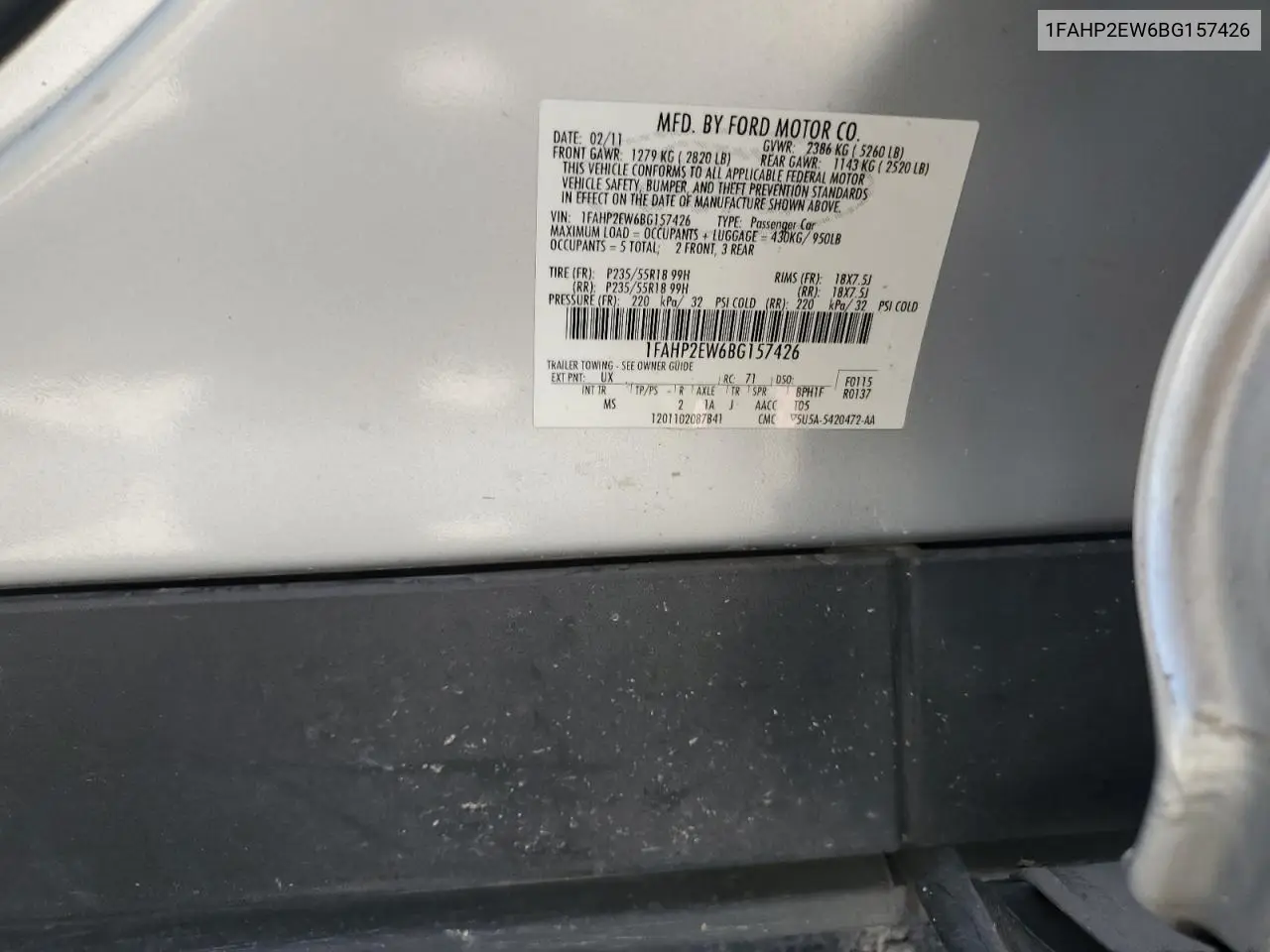 2011 Ford Taurus Sel VIN: 1FAHP2EW6BG157426 Lot: 63030345