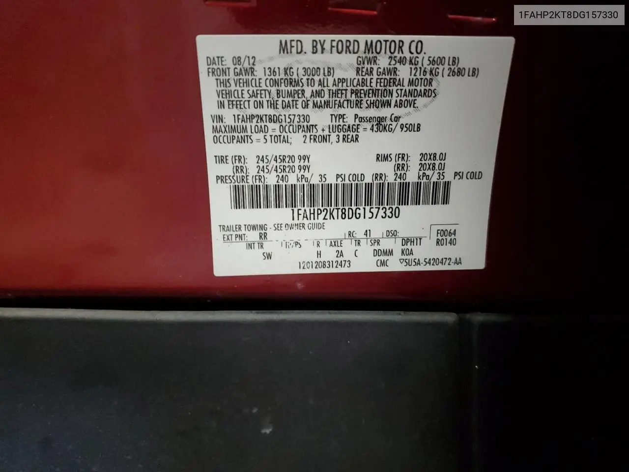 2013 Ford Taurus Sho VIN: 1FAHP2KT8DG157330 Lot: 59933015