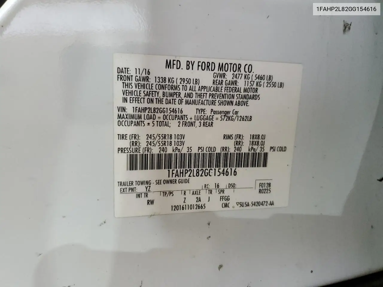 2016 Ford Taurus Police Interceptor VIN: 1FAHP2L82GG154616 Lot: 56463975