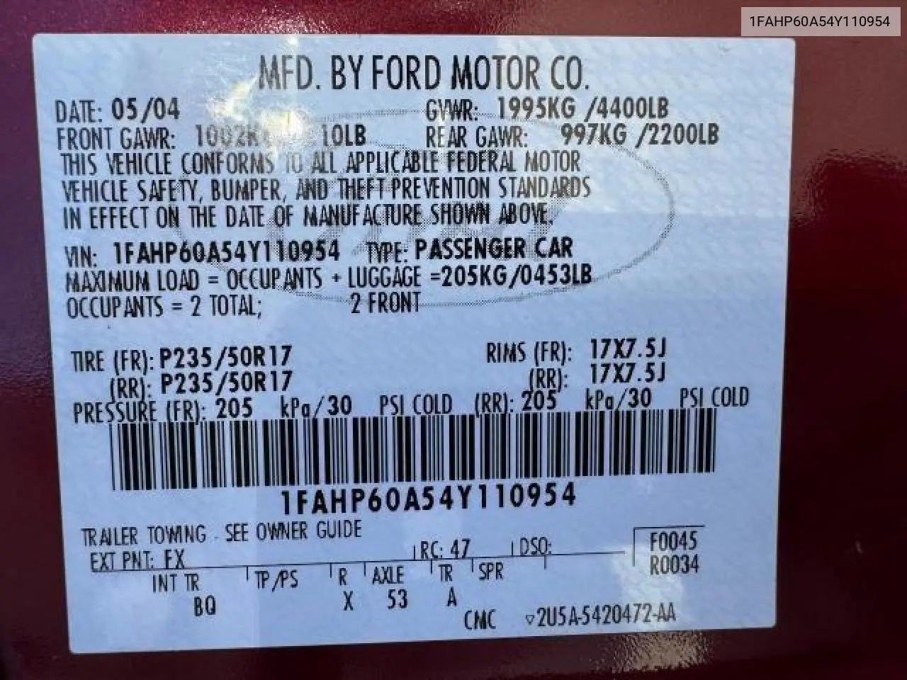 2004 Ford Thunderbird VIN: 1FAHP60A54Y110954 Lot: 63533685