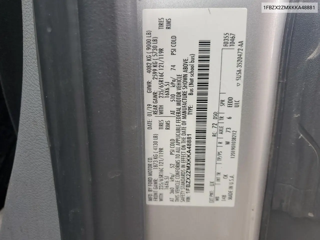 2019 Ford Transit T-350 VIN: 1FBZX2ZMXKKA48881 Lot: 63025685