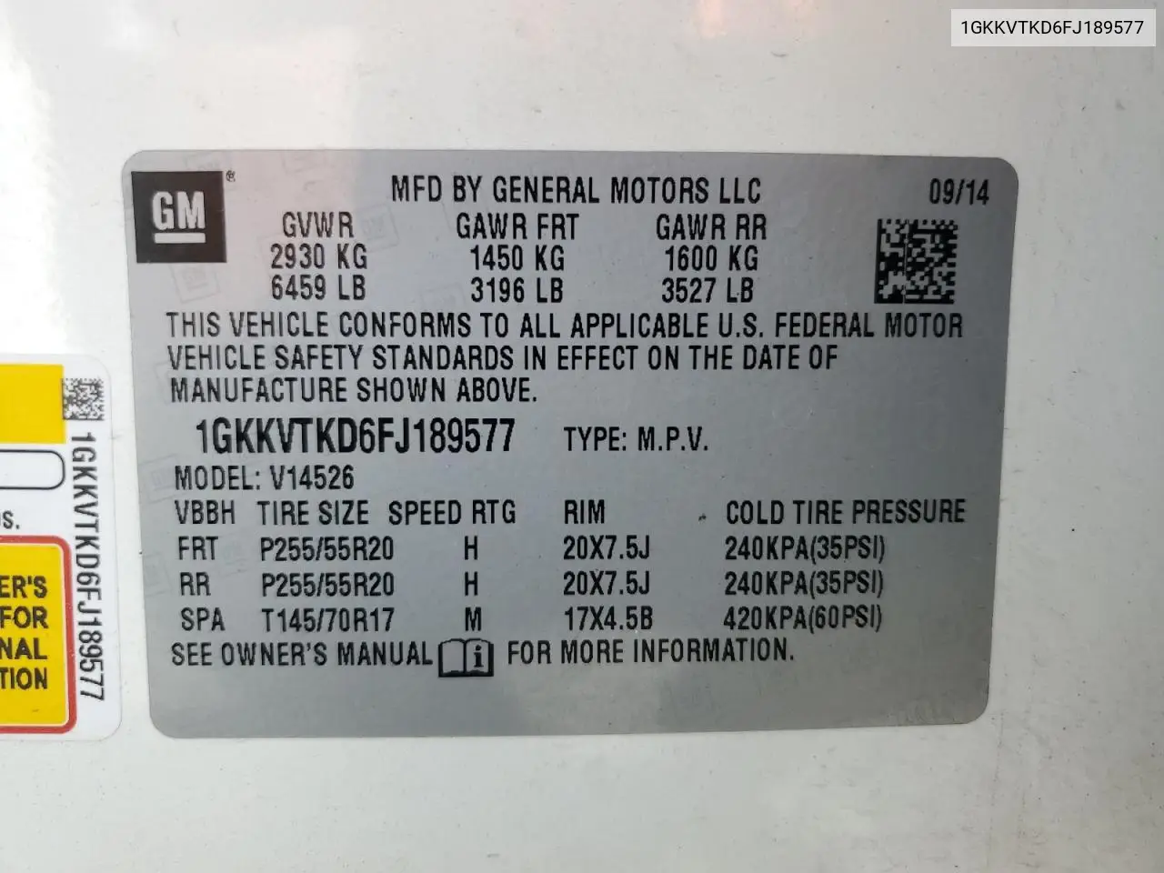2015 GMC Acadia Denali VIN: 1GKKVTKD6FJ189577 Lot: 63464315