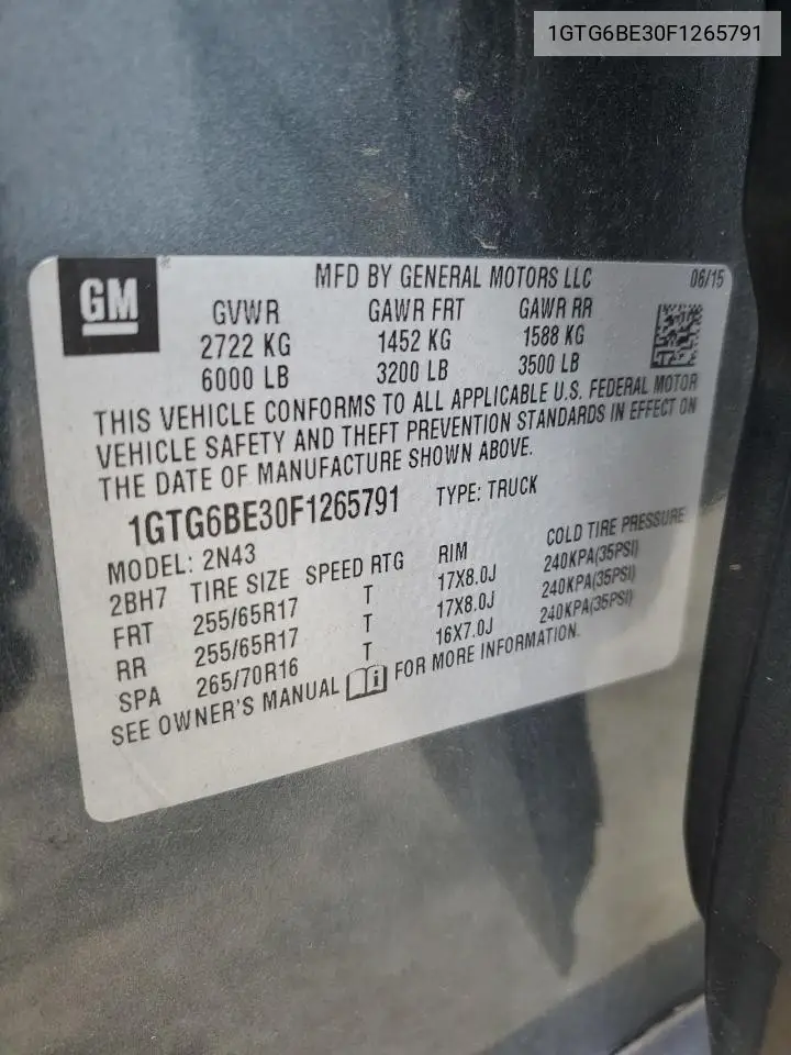 2015 GMC Canyon Sle VIN: 1GTG6BE30F1265791 Lot: 62602025