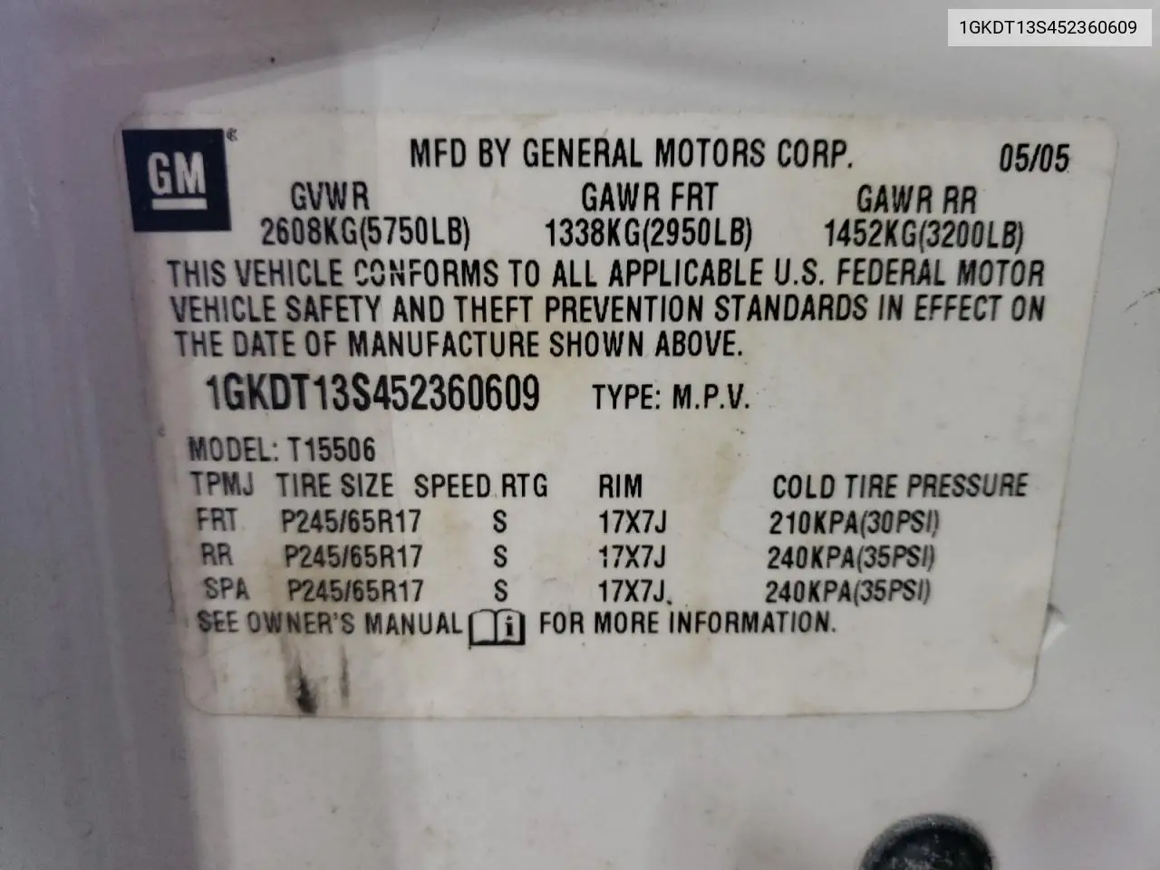 2005 GMC Envoy VIN: 1GKDT13S452360609 Lot: 56188495