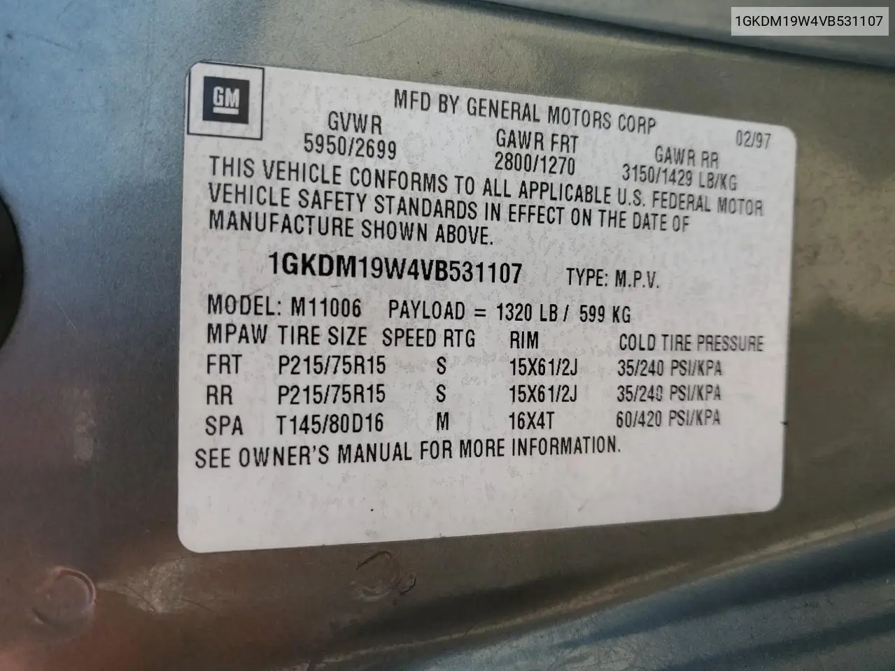 1997 GMC Safari Xt VIN: 1GKDM19W4VB531107 Lot: 56007545