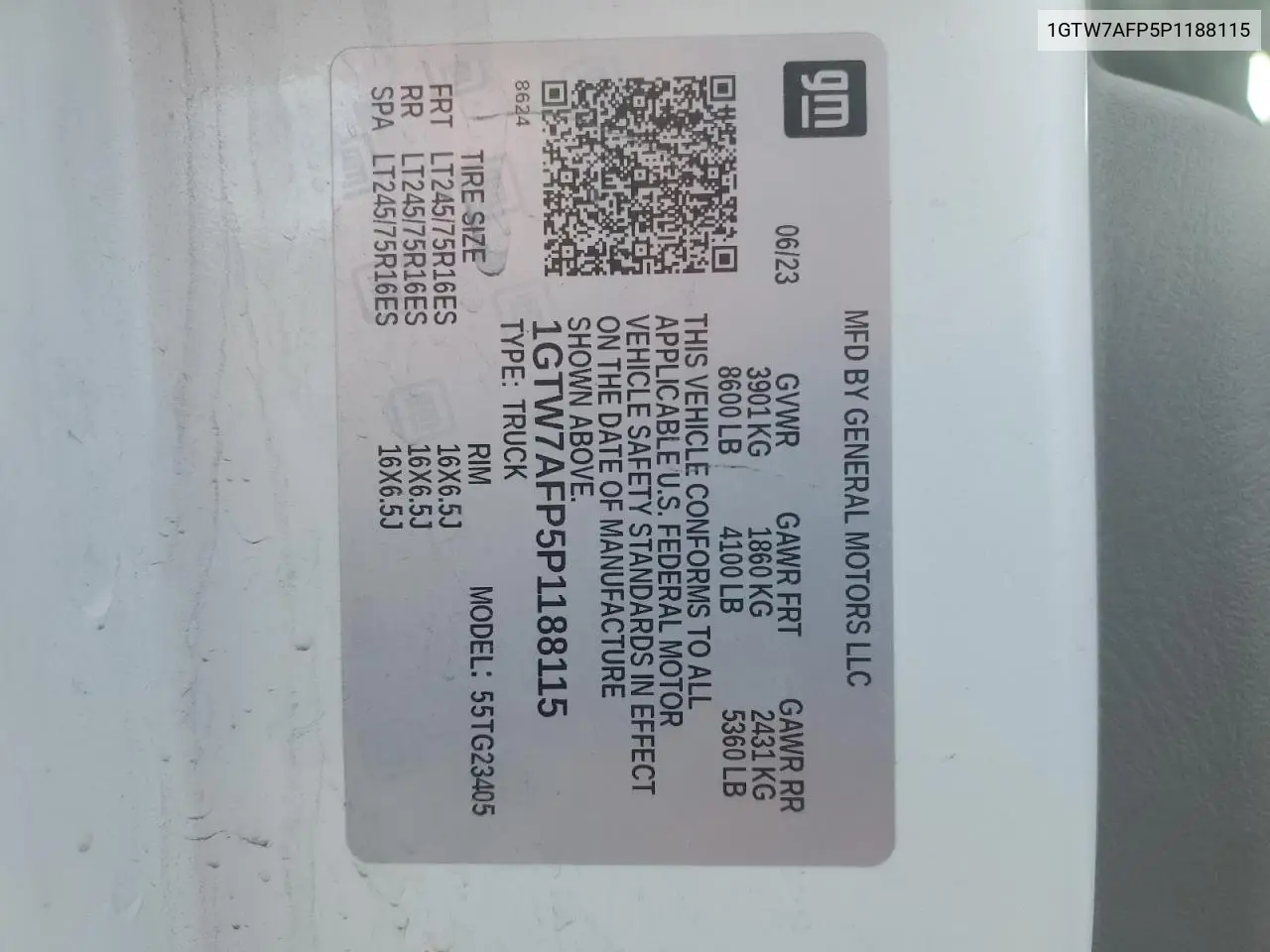 2023 GMC Savana G2500 VIN: 1GTW7AFP5P1188115 Lot: 56152955
