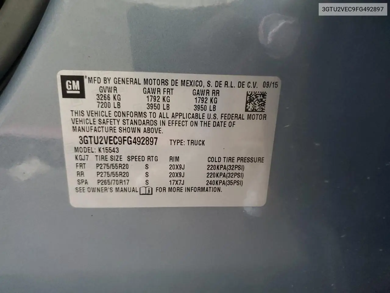 2015 GMC Sierra K1500 Slt VIN: 3GTU2VEC9FG492897 Lot: 62482175