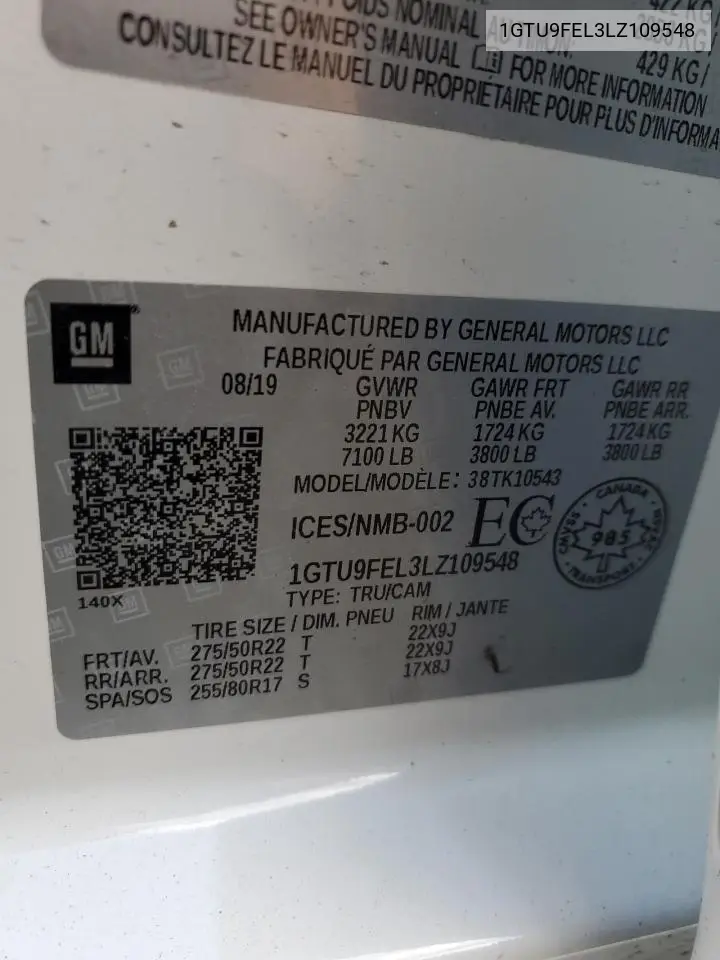2020 GMC Sierra K1500 Denali VIN: 1GTU9FEL3LZ109548 Lot: 63048835