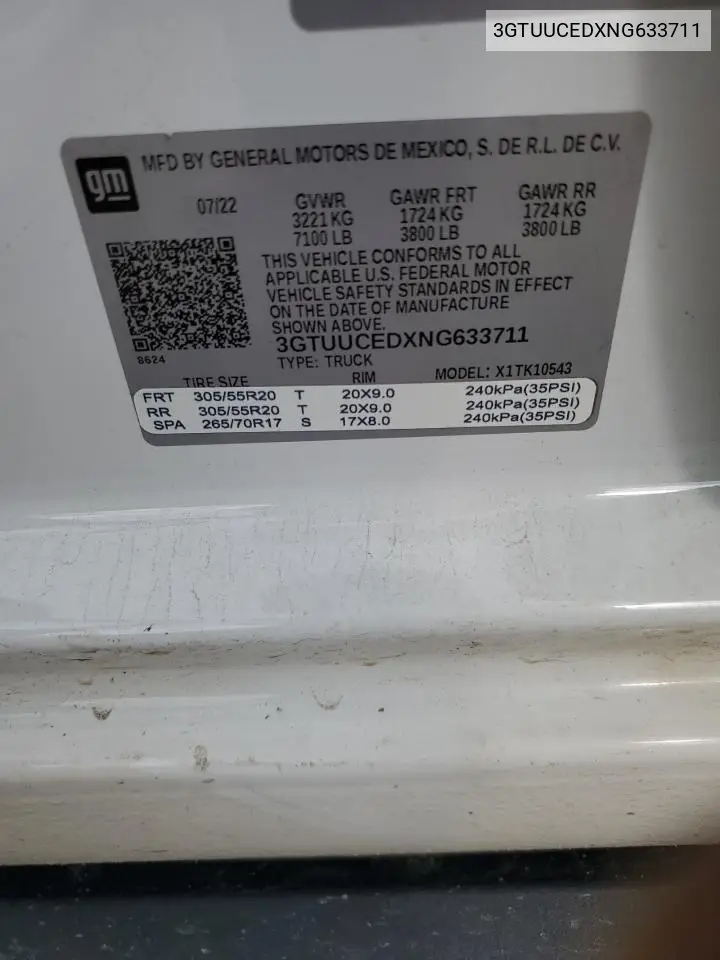 2022 GMC Sierra K1500 Elevation VIN: 3GTUUCEDXNG633711 Lot: 56422195