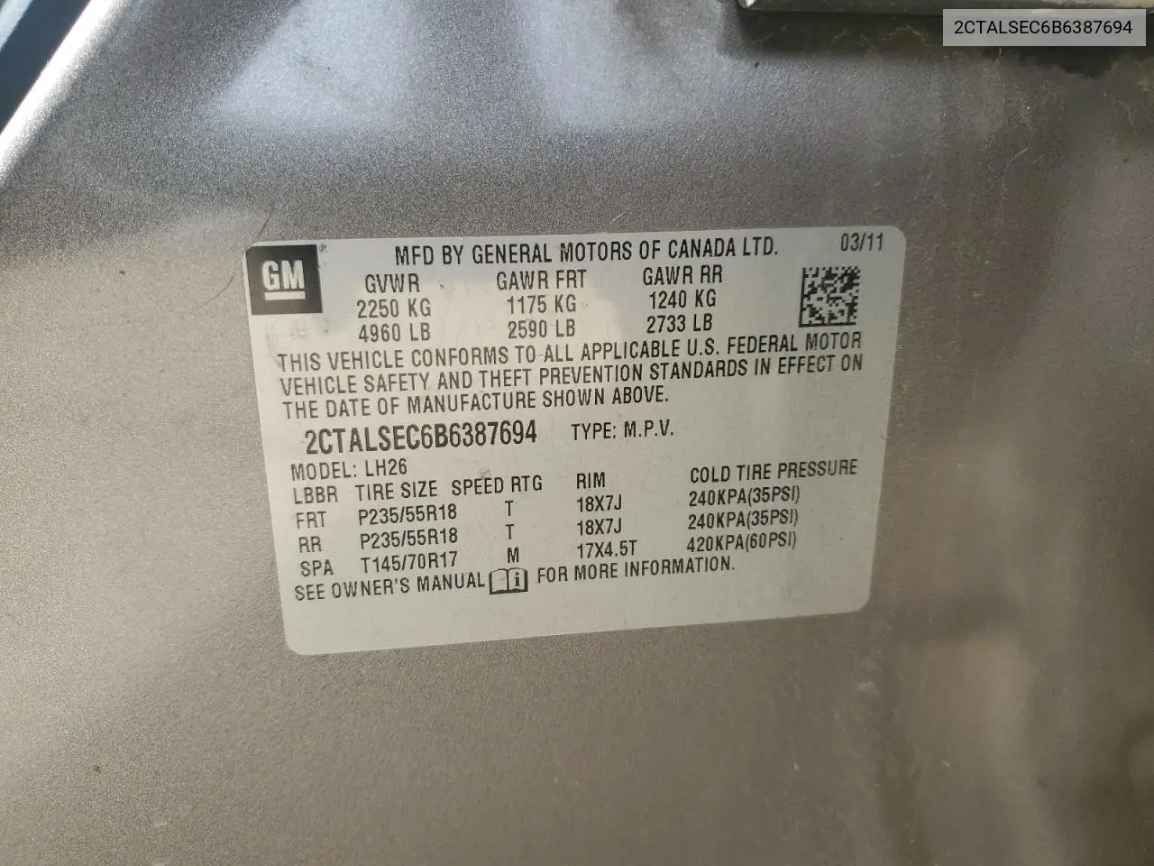 2011 GMC Terrain Sle VIN: 2CTALSEC6B6387694 Lot: 62532385