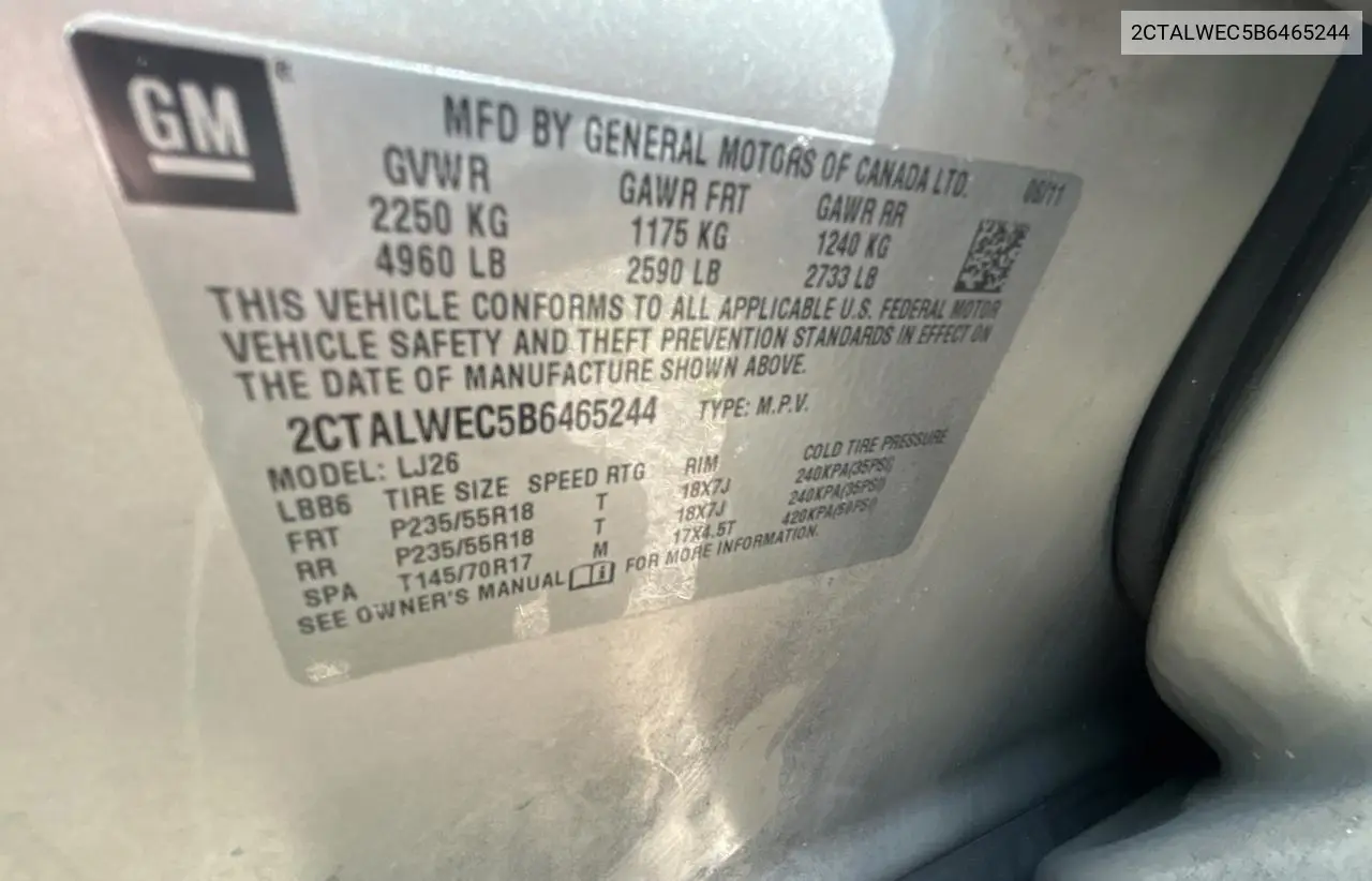 2011 GMC Terrain Slt VIN: 2CTALWEC5B6465244 Lot: 63708005