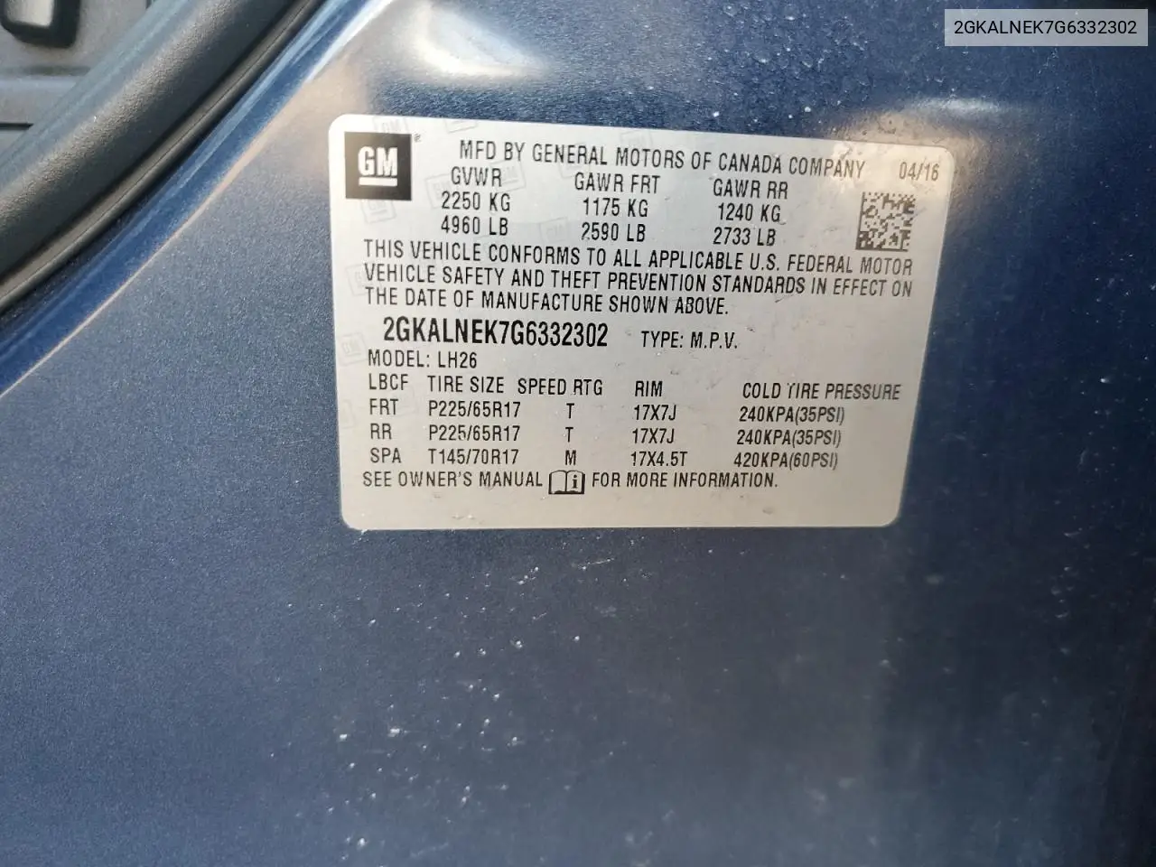 2016 GMC Terrain Sle VIN: 2GKALNEK7G6332302 Lot: 61937925
