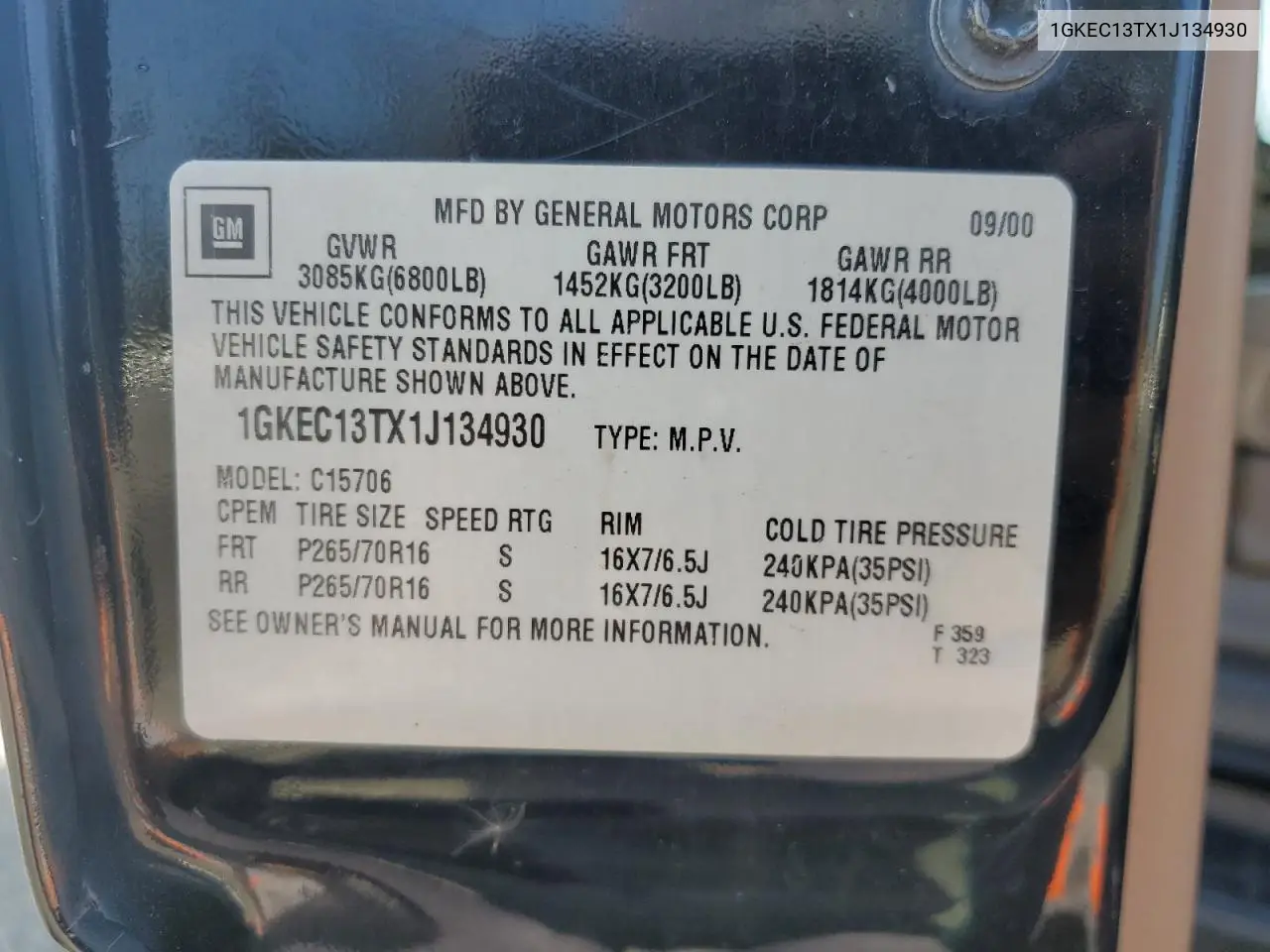 2001 GMC Yukon VIN: 1GKEC13TX1J134930 Lot: 56724775