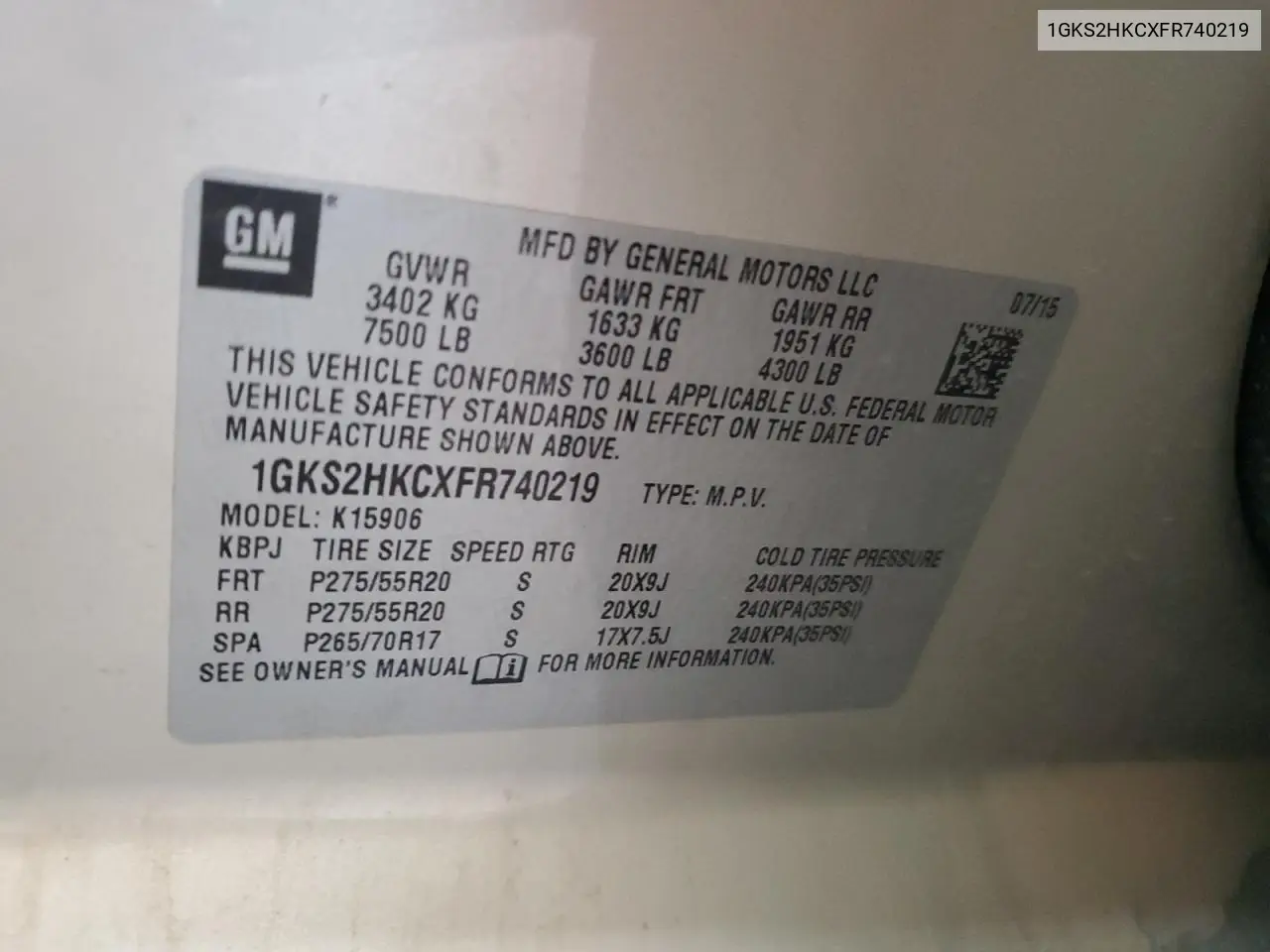 2015 GMC Yukon Xl K1500 Slt VIN: 1GKS2HKCXFR740219 Lot: 56506765